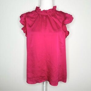 Express Womens Hot Pink Satin Ruffle High-Neck Sleeveless Top Blouse Size L EUC